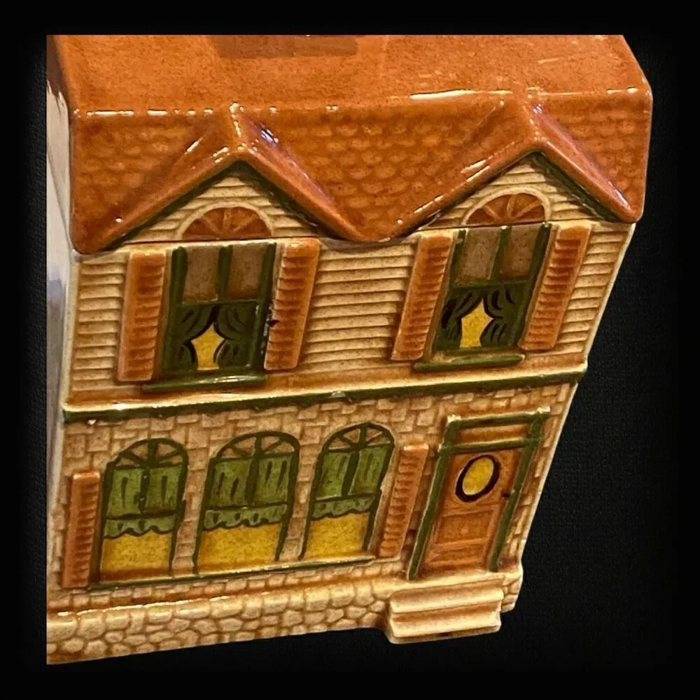 VTG VICTORIAN HOUSE COOKIE JAR 2 STORY SAN FRANCISCO STYLE CERAMIC BROWN 7.5”